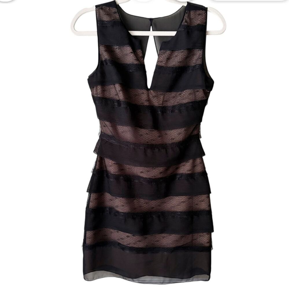 BCBGMaxAzria | Fionna Ruffle Tiered Lace Mini Dress V-neck Black Size 2